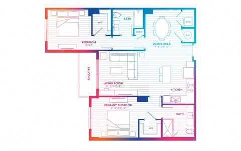 Floor plan for 2 beds, 2 baths, 1149 sqft